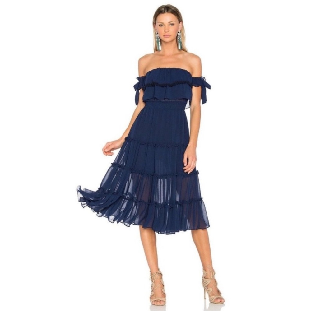 Misa Los Angeles Micaela Dress Navy Blue Off the Shoulder